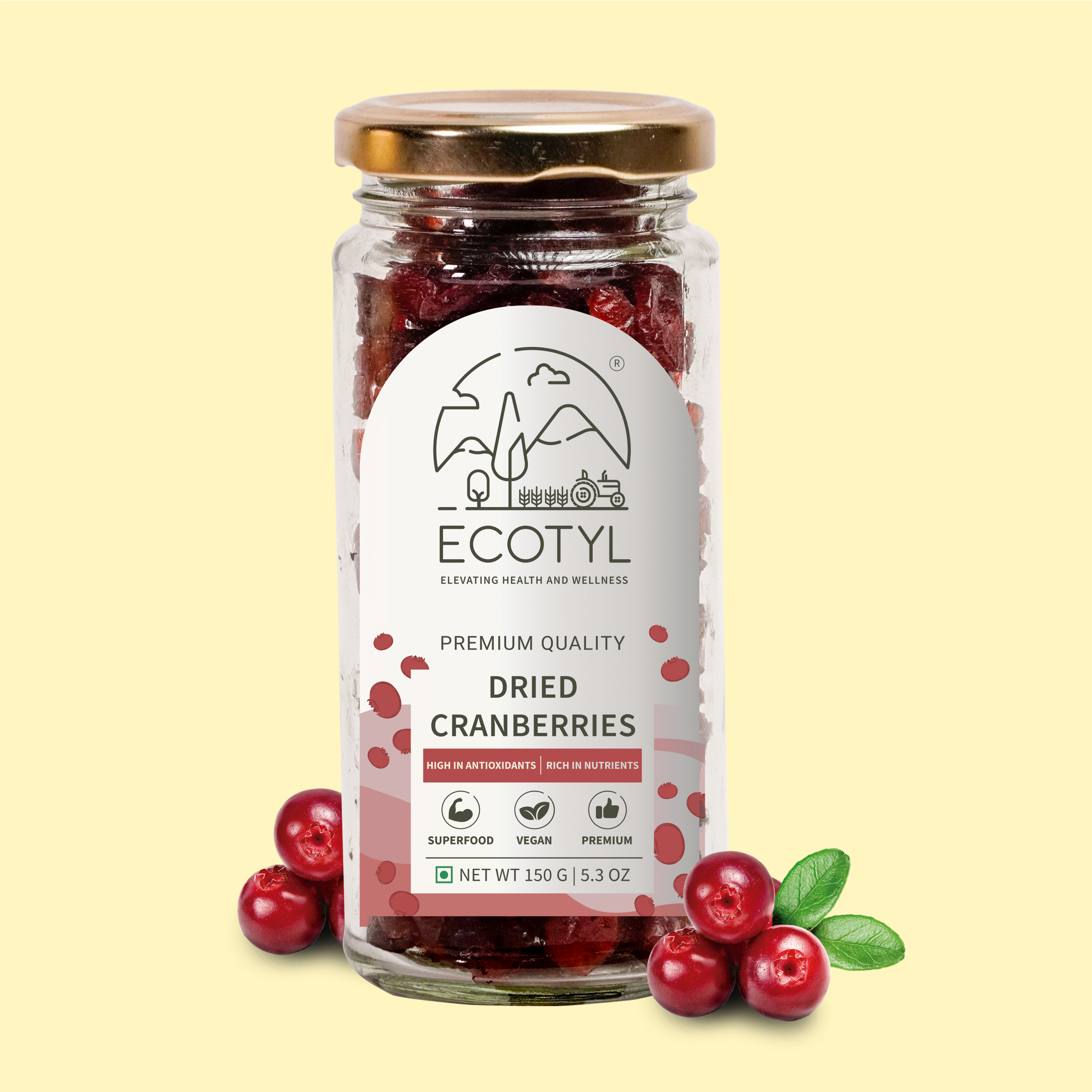 Ecotyl Dried Cranberries | Seedless Dried Fruit | Healthy Snack | 150g